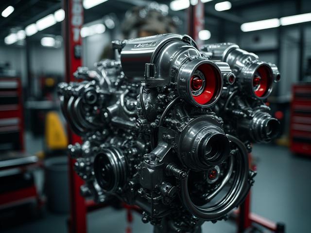 Dettaglio di un motore elaborato in un'officina moderna.